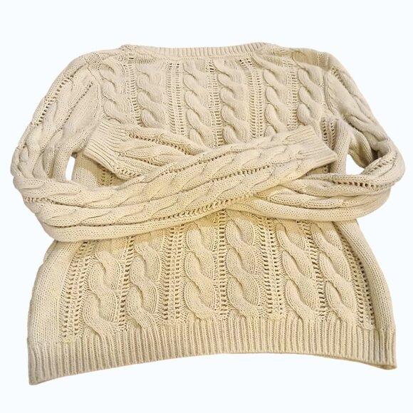 KAISELY Cream Cotton Blend Cable Knit Crew Neck Sweater - Picture 3 of 10